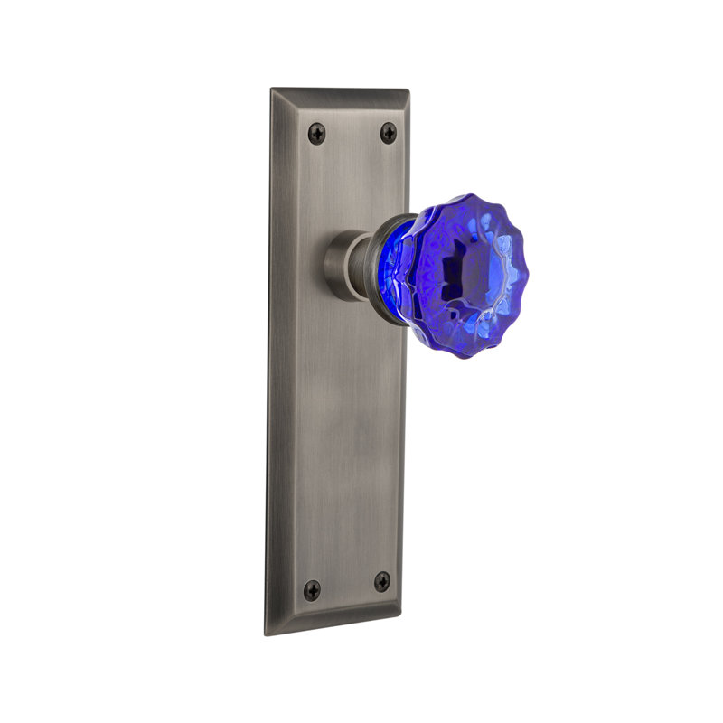 New York Plate with Crystal Cobalt Door Knob, Antique Pewter, 2 3/8