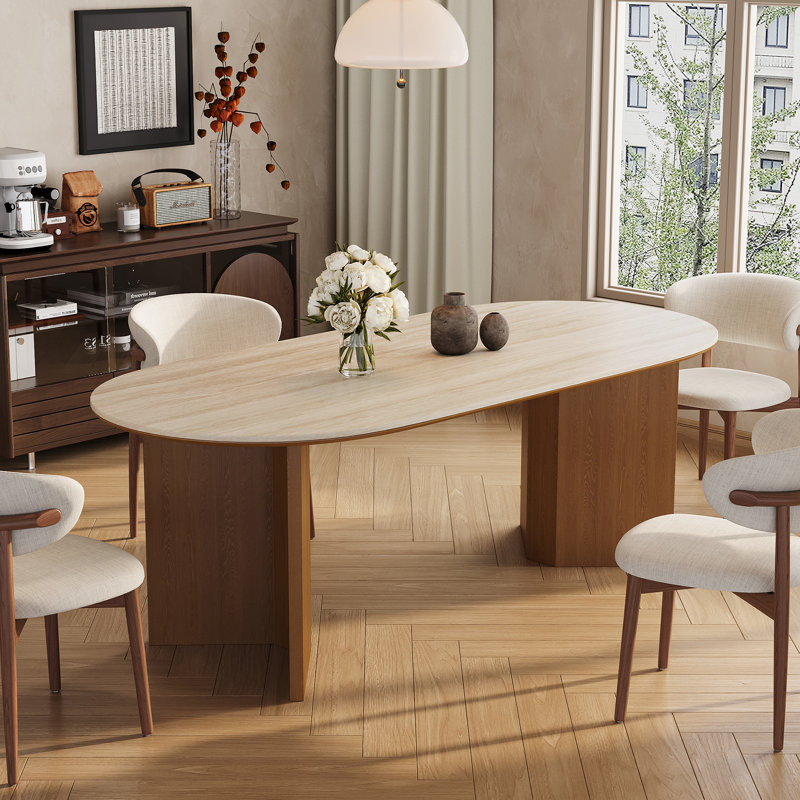 Table de salle à manger ovale 71 po pour 6 personnes, table de cuisine en faux marbre 71 po, pieds en bois massif