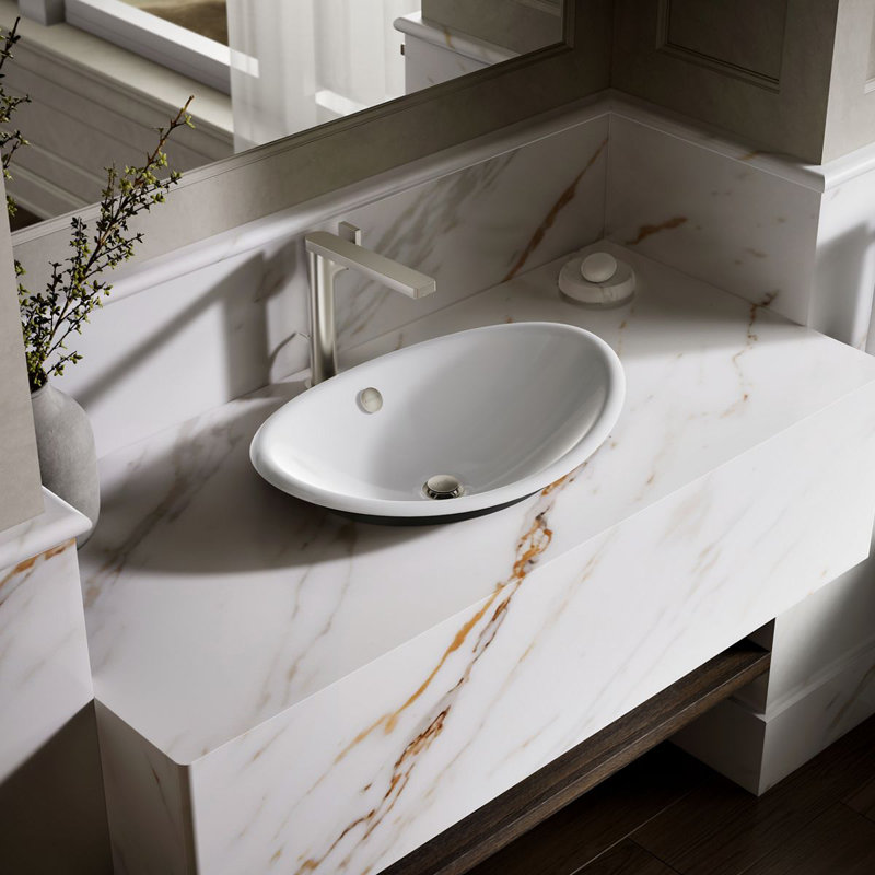 Iron Plains Metal Oval Vessel Bathroom Sink with Overflow, White