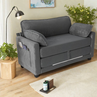 Convertible Corduroy Loveseat Sofa With Storage, Modern Grey, Compact For Home