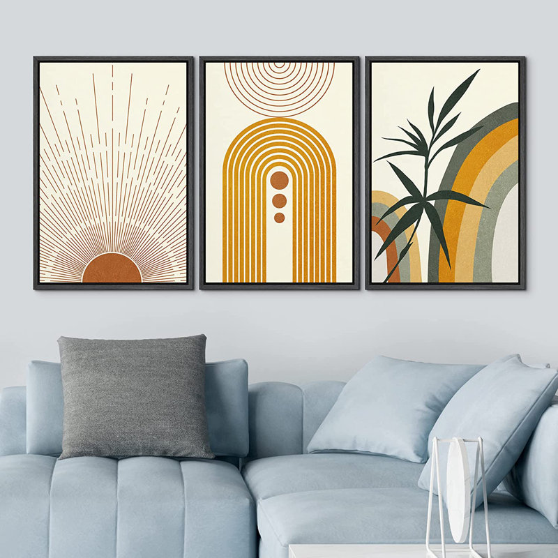 «Mid Century Modern Boho Geometric Sun Forest Plant Abstract», ensemble de 3 impressions sur toile, Noir