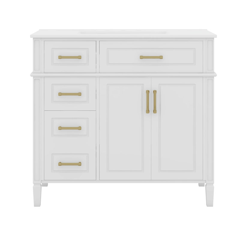 Meuble-lavabo 36 po avec lavabo, 4 tiroirs (1 tiroir rabattable), 2 portes et tablette réglable, Blanc