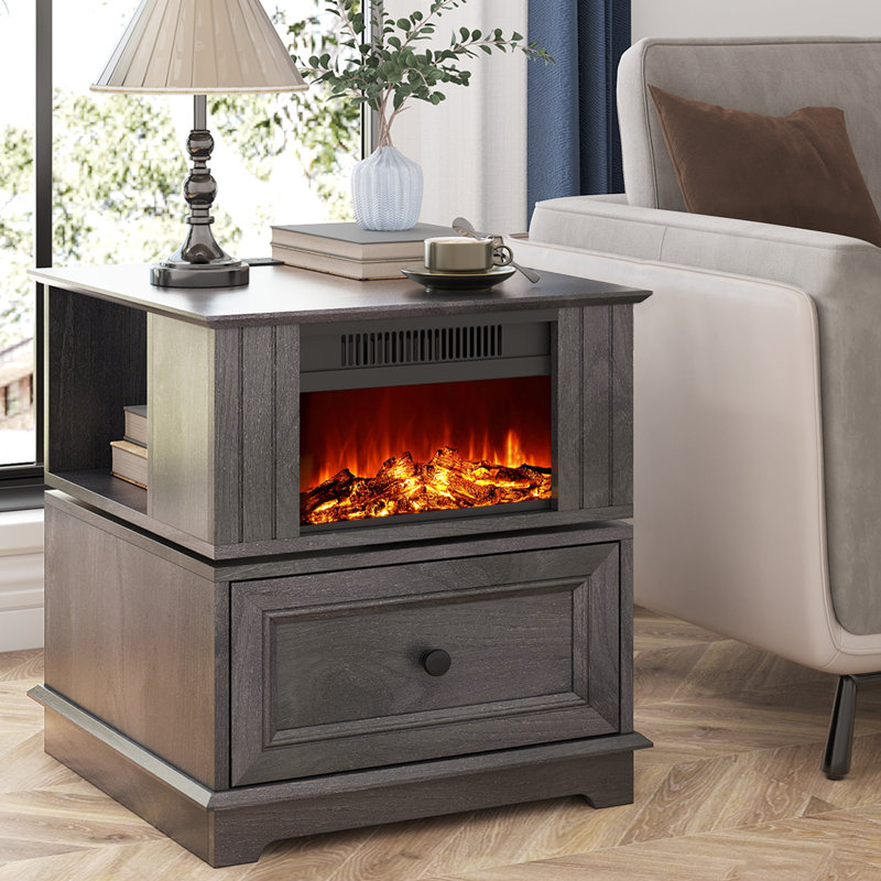 Bilbe 23''Tall Freestanding Electric Fireplace Heater End Table with Drawer and Built-in Outlets, Gray