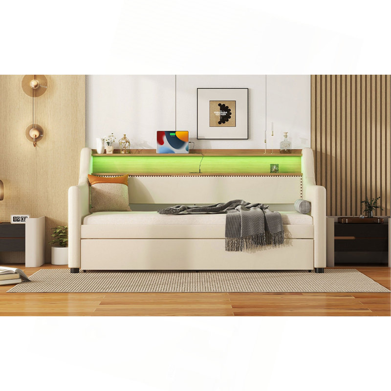 Lit de jour simple avec couchette, lit de jour rembourré avec station de charge et lumières DEL, beige