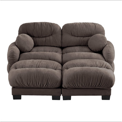 Pleated Design Cozy Chenille Fabric 2 Seater Modular Sofa with High-Density Ergonomic Foam Seat, L Shape Sectional Couch with 2 Ottomans, Curved Round Armrests and 2 Round Throw Pillows