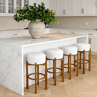 Indoor Wooden Upholstered Barstool, Walnut Finish And Ivory Upholstery, Set Of 4