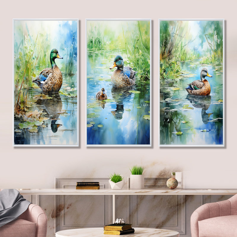 Duck Pond Reflections I - ensemble de 4 impressions sur toile Duck, H 28 po x l 36 po, Cadre flottant blanc