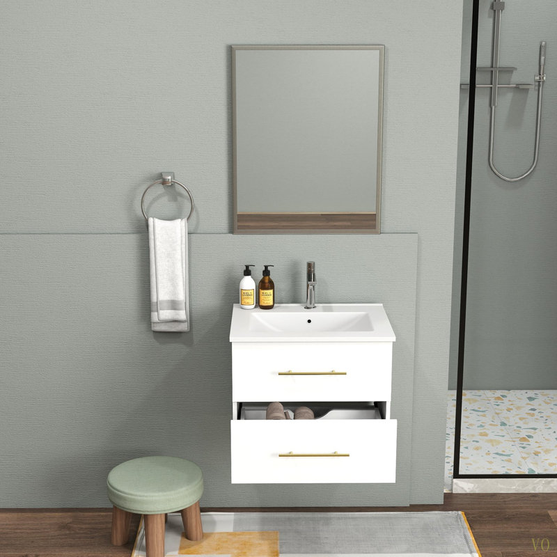 Ensemble de meuble-lavabo mural 24 po avec lavabo et miroir, deux tiroirs, lavabo en céramique, structure en aluminium, assemblage facile, métal à poignée longue, 2 tiroirs de rangement