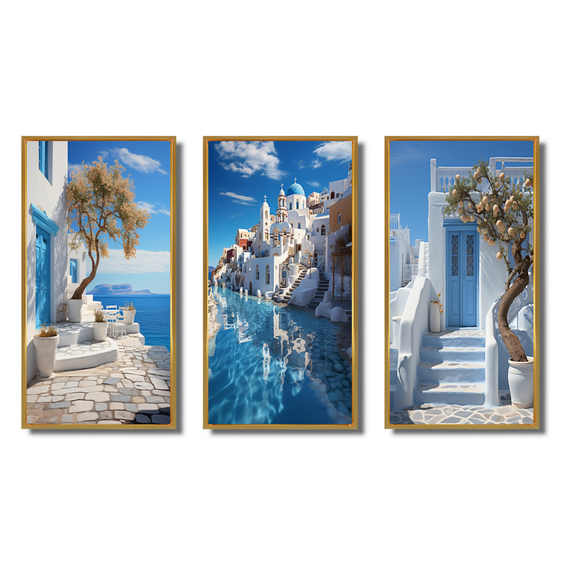 «Grèce Cycladic Harmony», 3 pièces, Encadrement doré, H 40 po x l 60 po
