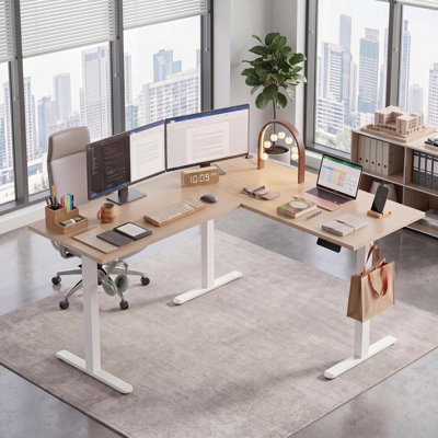 L-Shaped Electric Standing Desk, 63 x 55 Inch Adjustable Corner Desk, 180 lbs Capacity, Memory Controller with 3 Height Presets for Home Office & Gami