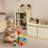 Kids 2-in-1 Wooden Reading Nook  with Cushion, 3-Tier Kids Bookshelf Storage Organizer with 3 Fabric Storage Bins, Cute Bear Design, Natural Wood Finish for Bedroom Playroom
