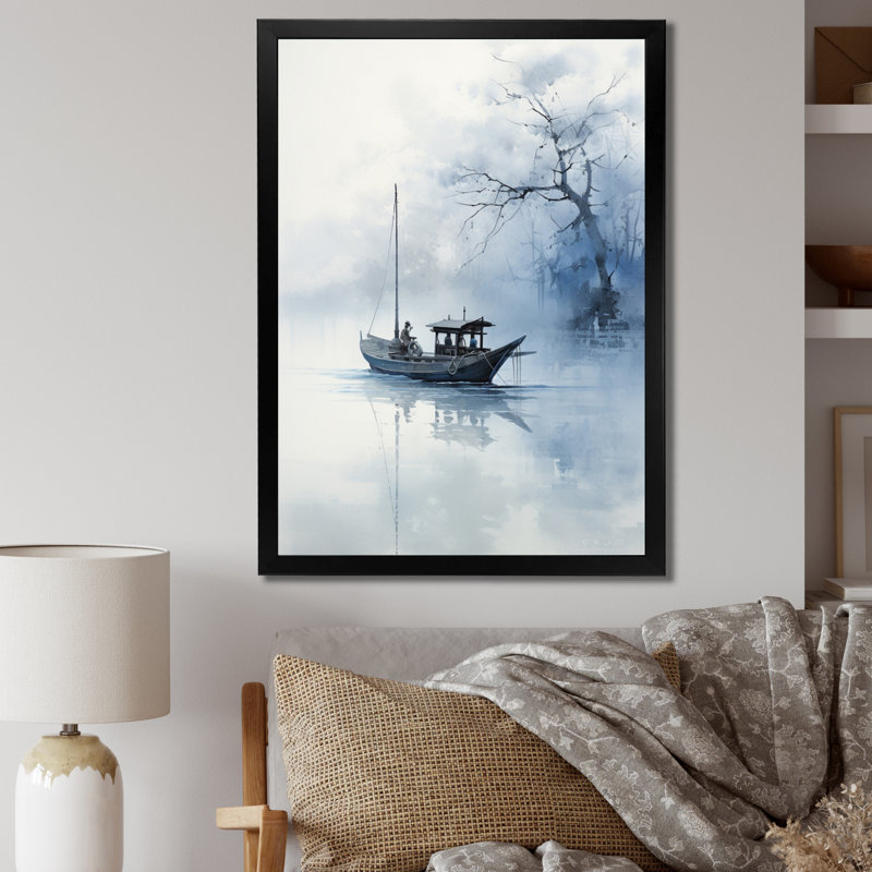 Art asiatique, bateau bleu - impression, Toile encadrée noire simple, H 20 po x l 12 po x P 1 po