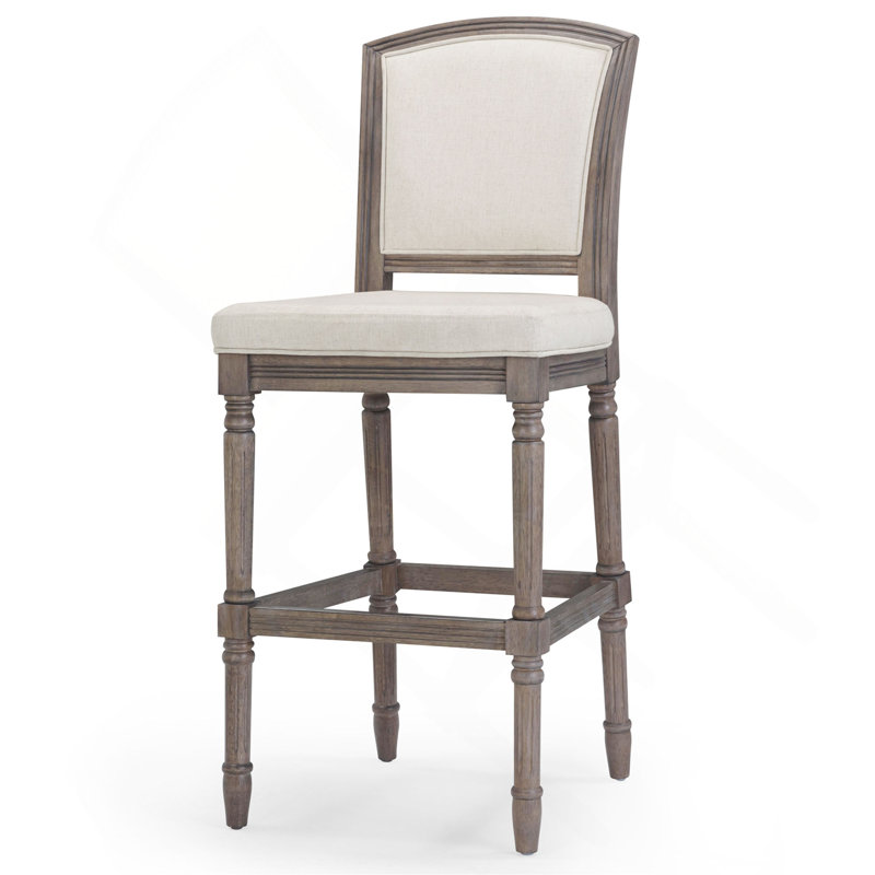 Tabouret de bar 31 po à hauteur patinée avec siège et dossier rembourrés, 1 pièce, Siège beige / structure brune