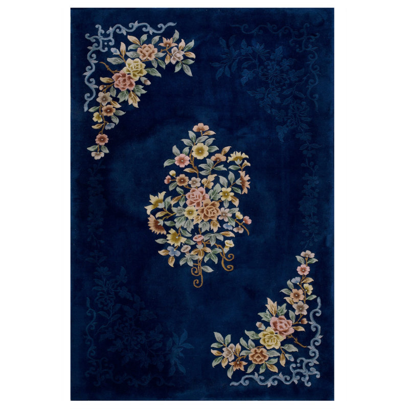 Antique Blue Color Floral Design Chinese Art Deco Wool Pile Rug