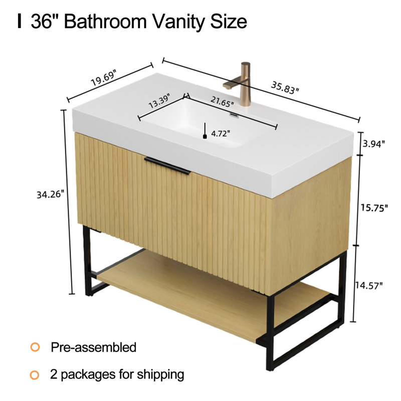 Meuble-lavabo de salle de bain autoportant 36 po, lavabo intégré encastré en résine rectangulaire blanche, pré-assemblé, 36"