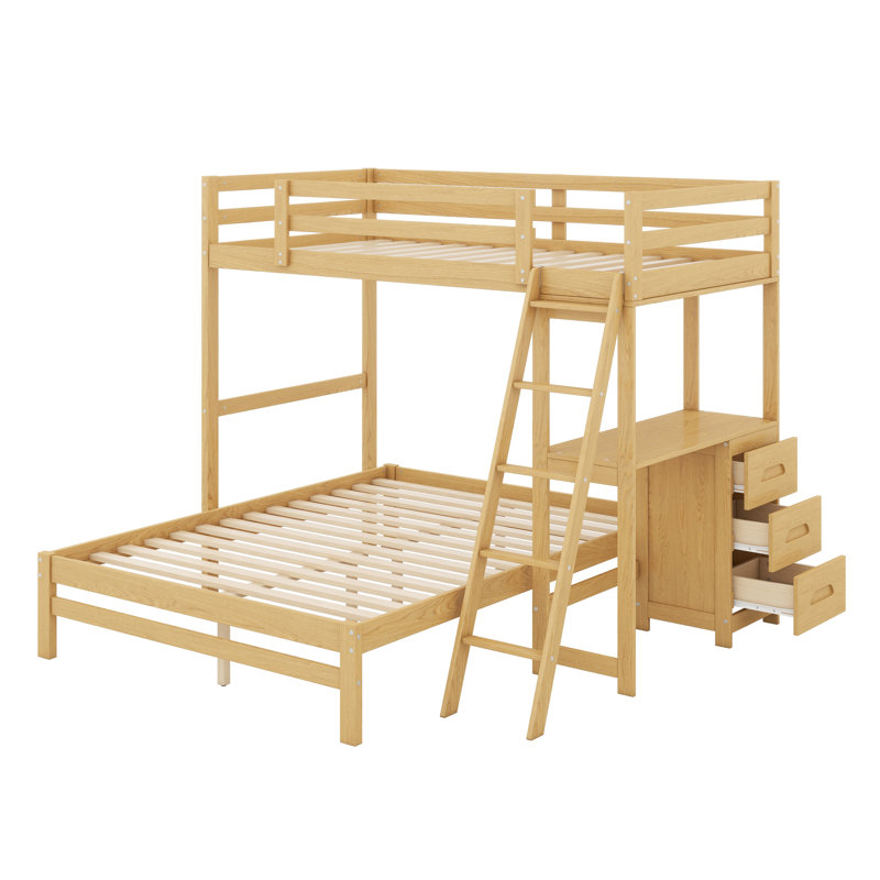 Twin Over Full Size Bunk Bed With Desk And 3 Storage Drawers, Solid Wood Bunk Bed Frame For Kids Teens Adults, Natural