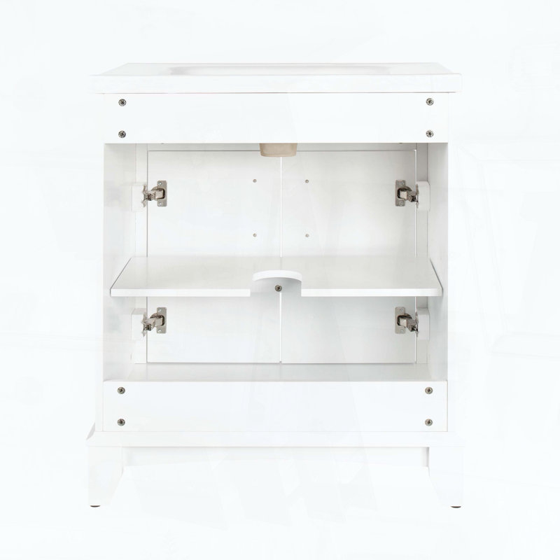 Meuble de salle de bain solo avec tiroir, tablettes ajustables et pieds en bois massif, blanc, L 28,35 po, blanc