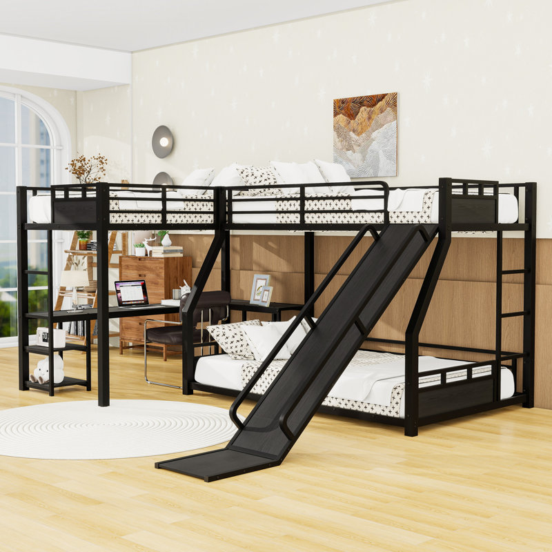 Metal L-Shaped Bunk Bed With Built-In Desk And Slide And Shelves, Twin And Twin Over Full
