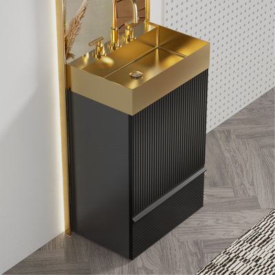 Meuble-lavabo rayé noir mat Gada de 20 po avec lavabo intégré en acier inoxydable brossé or 304, armoire de salle de bain autoportante pour salle de bain moderne, KD