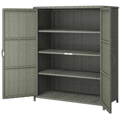 Armoire de rangement d'extérieur en osier de rotin avec 4 tablettes et 2 portes pour le rangement des serviettes de piscine, gris foncé