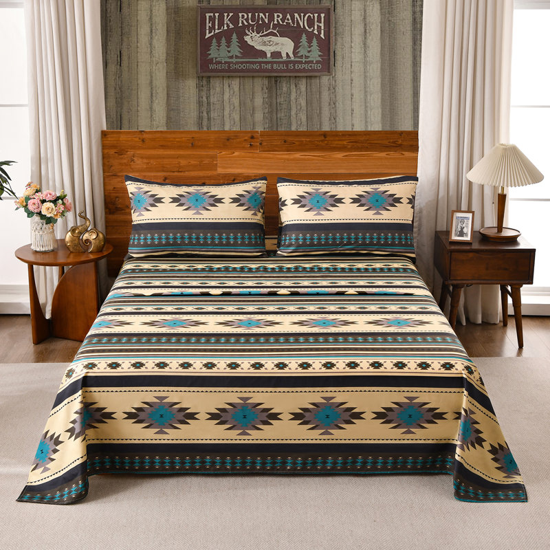 Microfiber Multicolor Southwestern Tribal Aztec Sheet Set, Full Sheet Set with 2 Pillowcases, Teal/Beige/Gray/Geometric