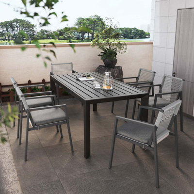 Ensemble de salle à manger d'extérieur, ensemble de 6 chaises en aluminium avec corde et table en aluminium