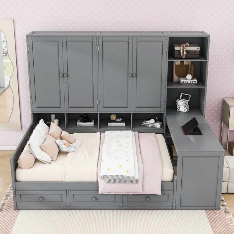 3 Drawers Wooden Daybed with Built-In Desk, Shelves, and Cabinets, Gray, Full / Double