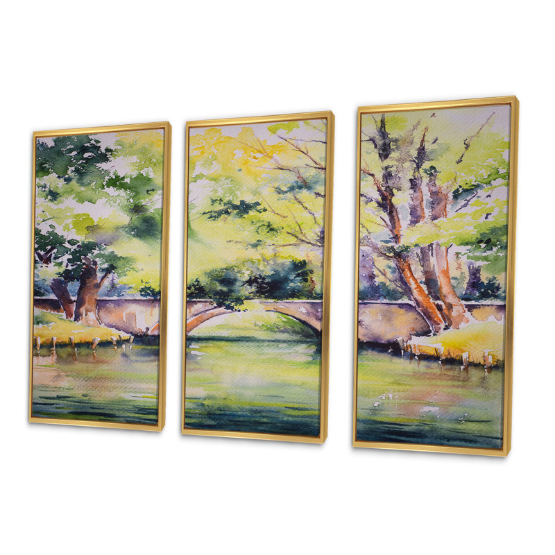 «Bridge Over River In Green Park», ensemble d'art mural sur toile encadré traditionnel de 3, Or, H 20 po x l 36 po x P 1 po
