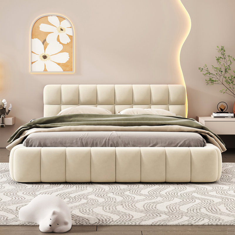Grand lit plateforme tapissier avec tissu épais et lit au sol avec structure solide, Beige
