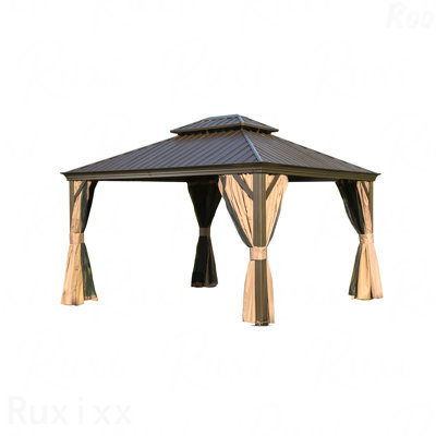 12X14FT Gazebo Aluminum, Mosquito Net For Outdoor Use With Galvanized Steel Double Roof (Brown)