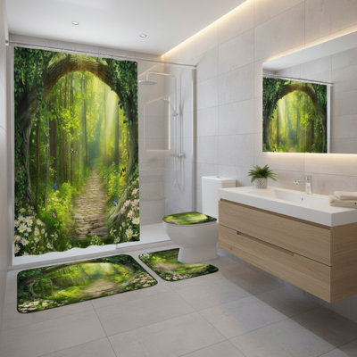 Ensemble de rideau de douche 4 pièces avec tapis de bain, couvercle de toilette, tapis en forme de U, décor de salle de bain Woodland