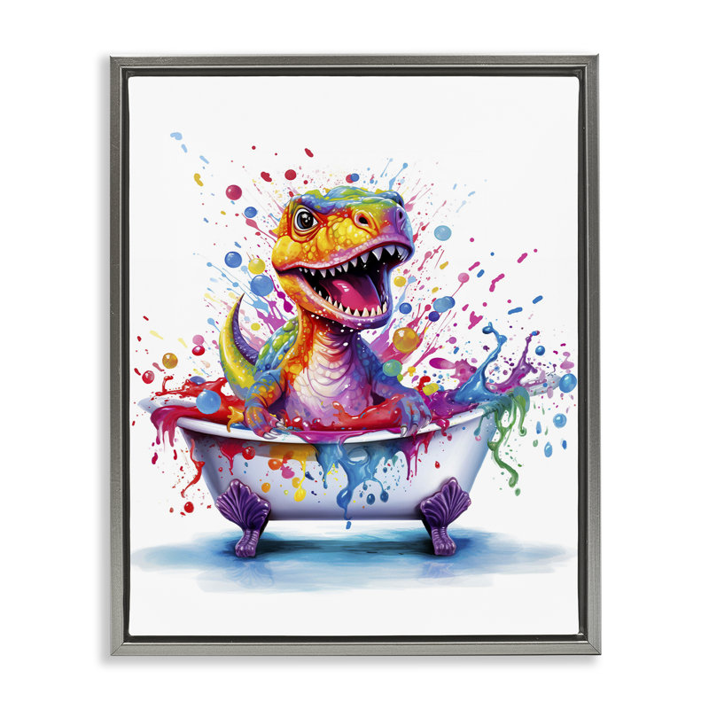 «Modern Splatter Dino» par Mary Cunningham, Cadre flottant gris lustré, H 21 po x l 17 po