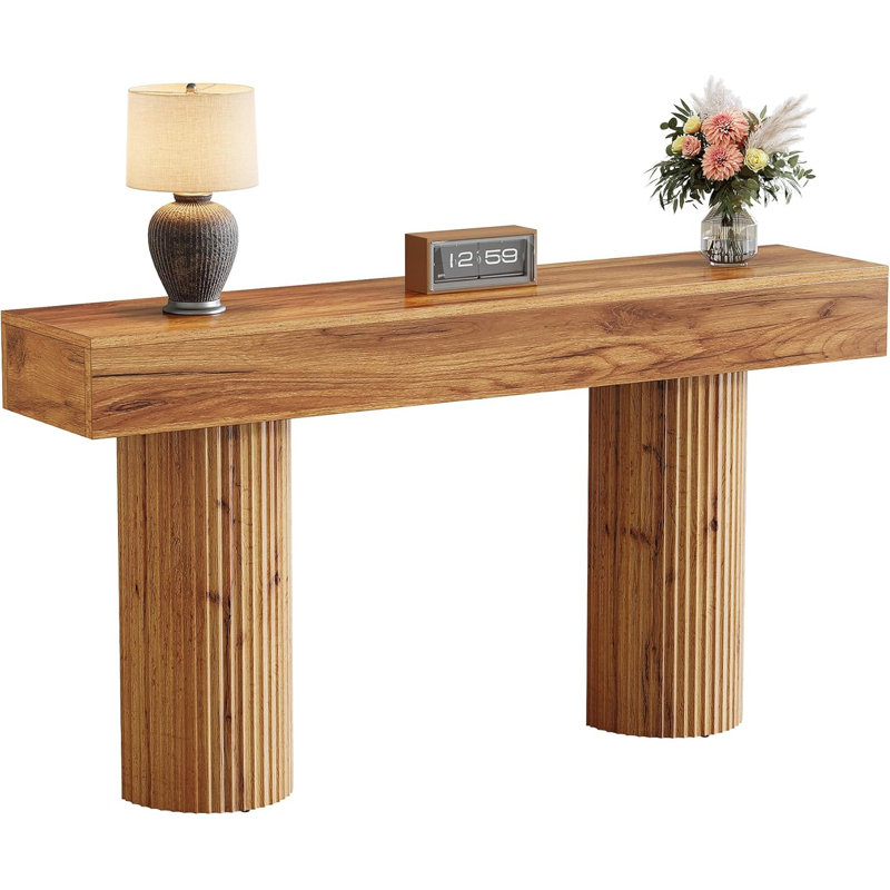 Farmhouse Console Table With Fluted Leg, 63-Inch Long Wooden Entryway Table Behind The Couch, Modern Narrow Entrance Foyer Sofa Table For Living Room, Hallway, Natural Brown