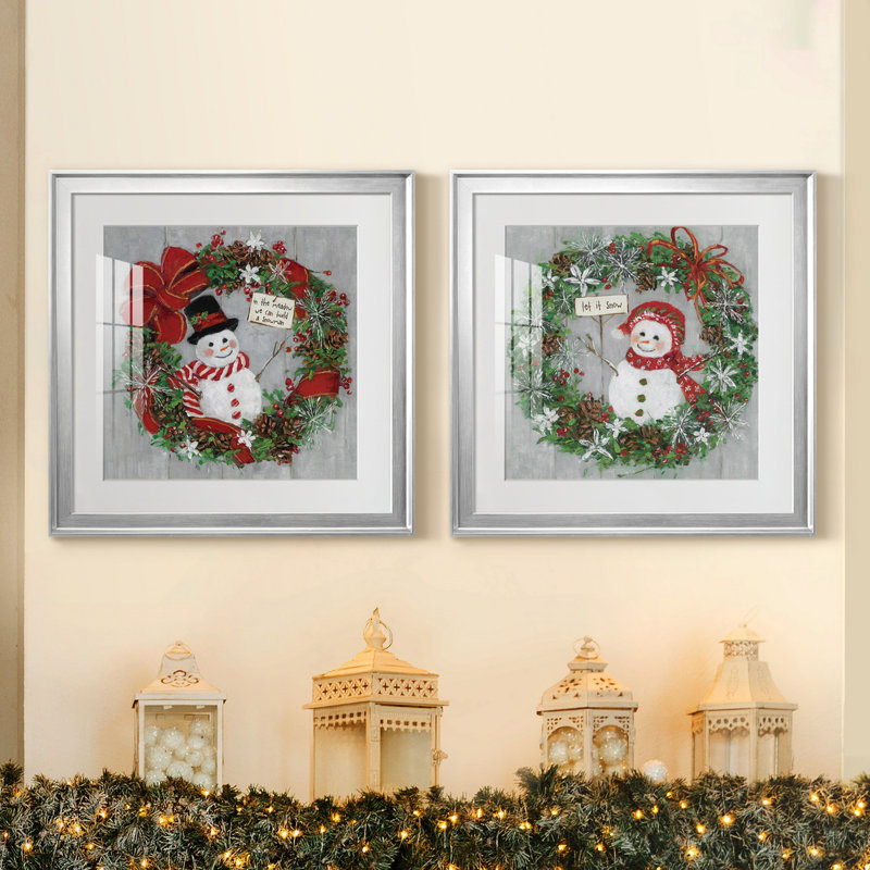 Mr. Snowman - Ensemble de 2 reproductions d'art encadrées, Papier avec cadre argenté, Blanc, H 22,5 po x l 45 po x P 1,5 po