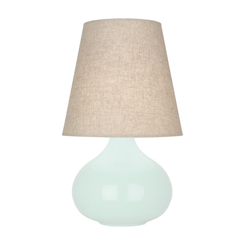 June 24" Table Lamp, Buff Linen, Mint Glazed