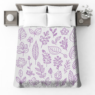 Purple Leaf Illustrations Quilted Bedspread All Sizes