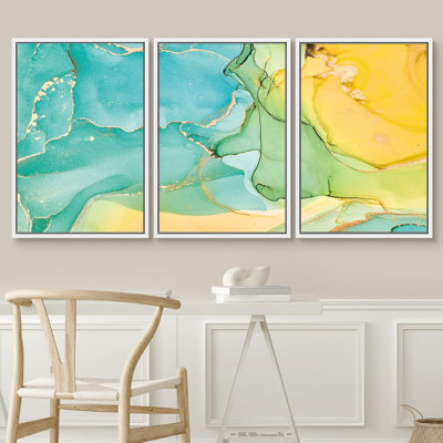 Smoke Abstraction " Teal Green & Yellow Watercolor Collage Abstract Shapes Illustrations Modern Art Chic Multicolor " 3 - Pieces