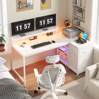 Petit bureau d'ordinateur en L avec 3 tiroirs, lumières à DEL, prise de courant et support pour écran
