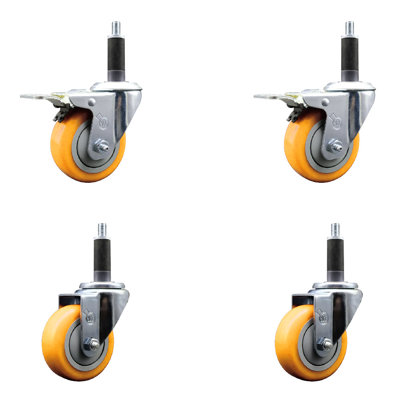 3.5 Inch 316SS Yellow Polyurethane Swivel 1 Inch Stem Caster Set 2 Lock Brake
