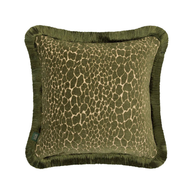 Square decorative throw pillow in olive green with a textured animal print pattern and matching fringed edges.