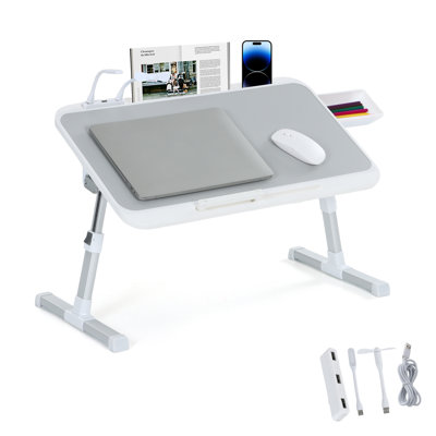 Bureau portable portatif réglable avec ports USB, lumière DEL, ventilateur de refroidissement et rangement - parfait pour le travail et la détente