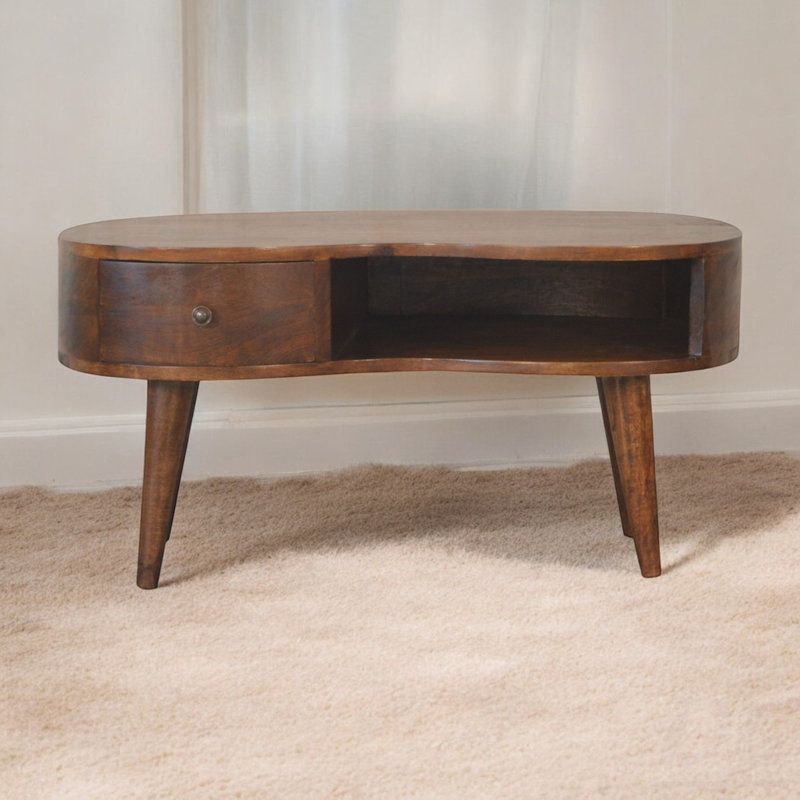 Table basse Chestnut Wave, pieds nordiques, 1 tiroir, 1 rangement ouvert, table