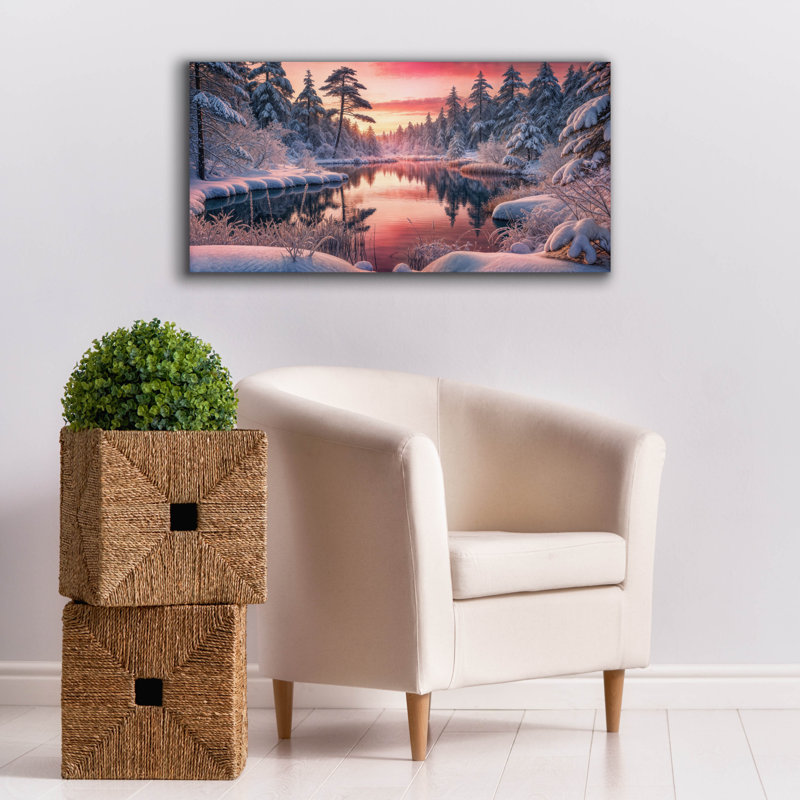 «Winter Forest Lake Sunrise» par Rey Klimt, art mural, H 20 po x l 40 po