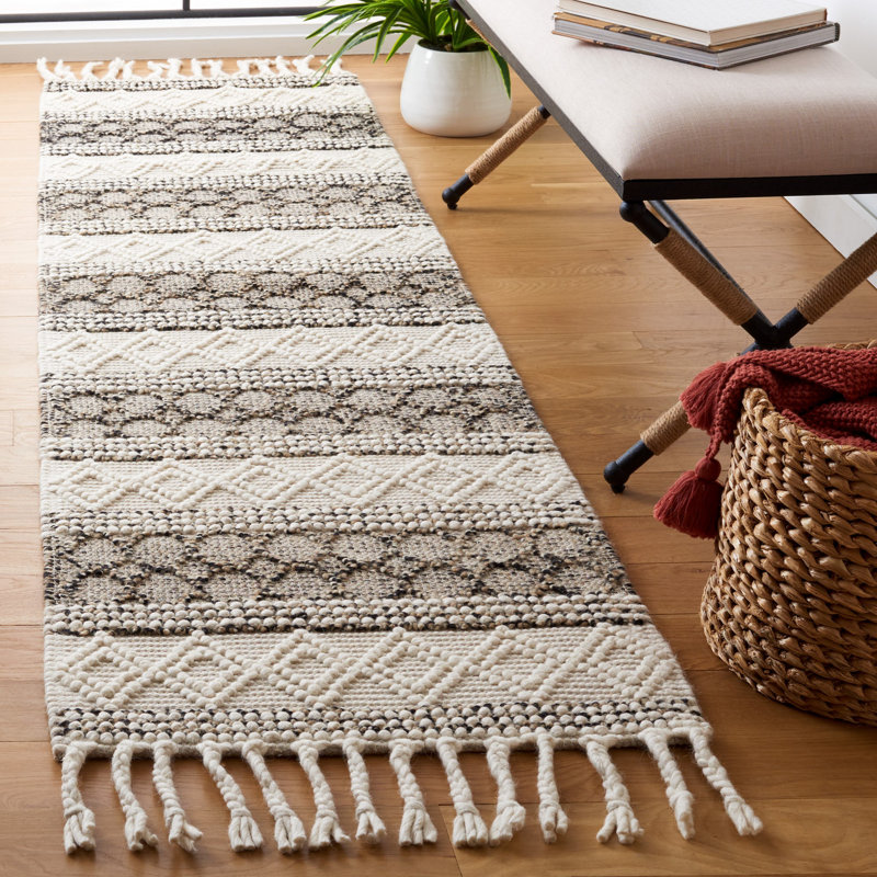 Rahate Hand Woven Wool/Cotton Geometric Rug in Black/Ivory, Runner 2'3" x 9'