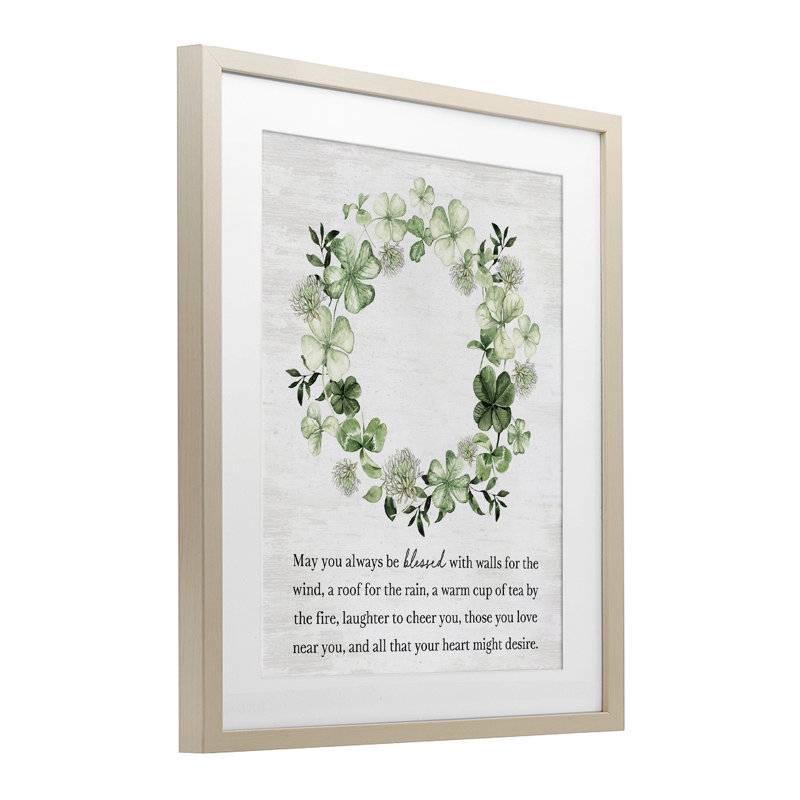 «Blessed Irish Clover Wreath», reproduction sous verre encadrée, lettrée et doublée, H 21 po x l 17 po