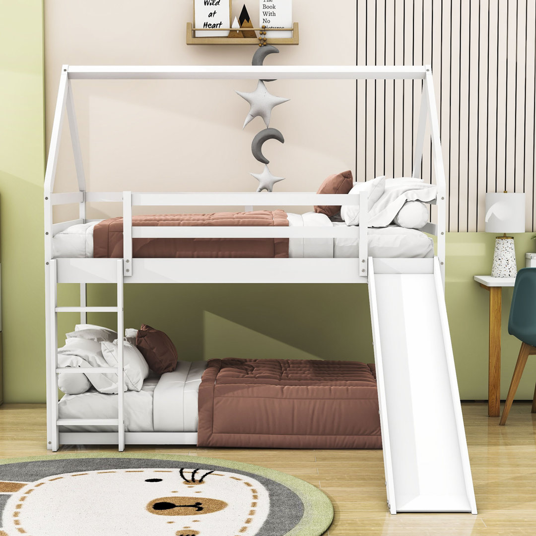 Romel Twin Over Twin Wood House Bunk Bed with Slide and Ladder Harper Orchard Bed Frame 