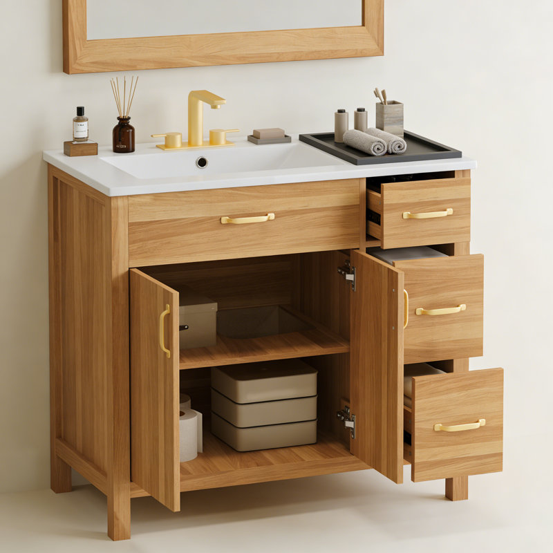 Meuble-lavabo moderne 36 po avec cadre en pin massif, 1 porte à fermeture douce et 3 tiroirs, armoire de rangement moderne