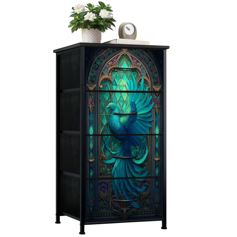 Commode vitrail pour la chambre à coucher avec 4 tiroirs de rangement Teal Turquoise Bird