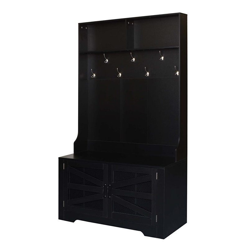 Entryway Bench with Coat Rack, 3-in-1 Design and Adjustable Shelves, Hall Tree with 7 Hooks for Entrance, Living Room, Black
