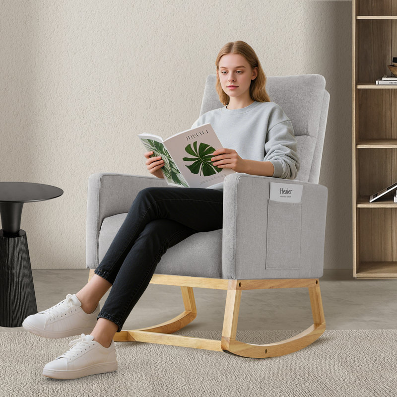 Linen Fabric+ Manufactured Wood Rocking Chair, Light Grey, Natural
